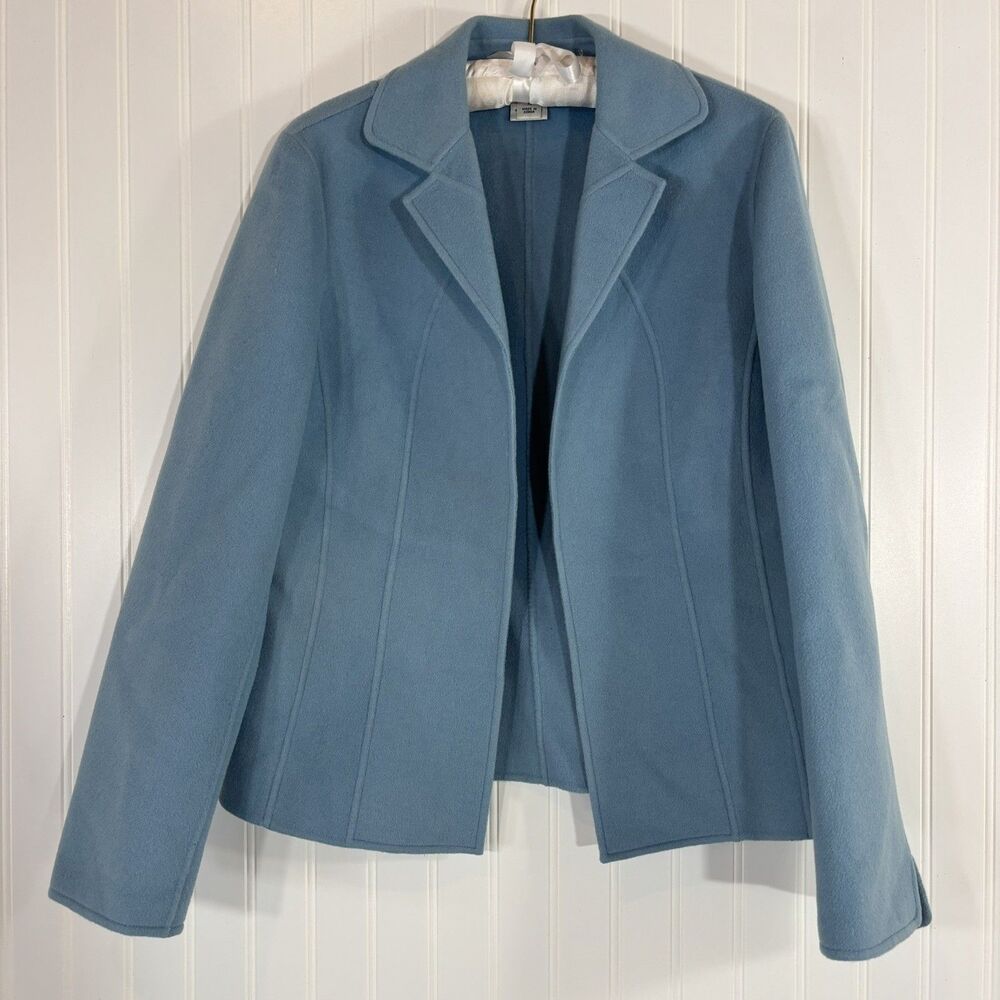 Vintage Talbots Women Blue 100% Wool Blazer Jacket Size 10 Open Front Y2K Career